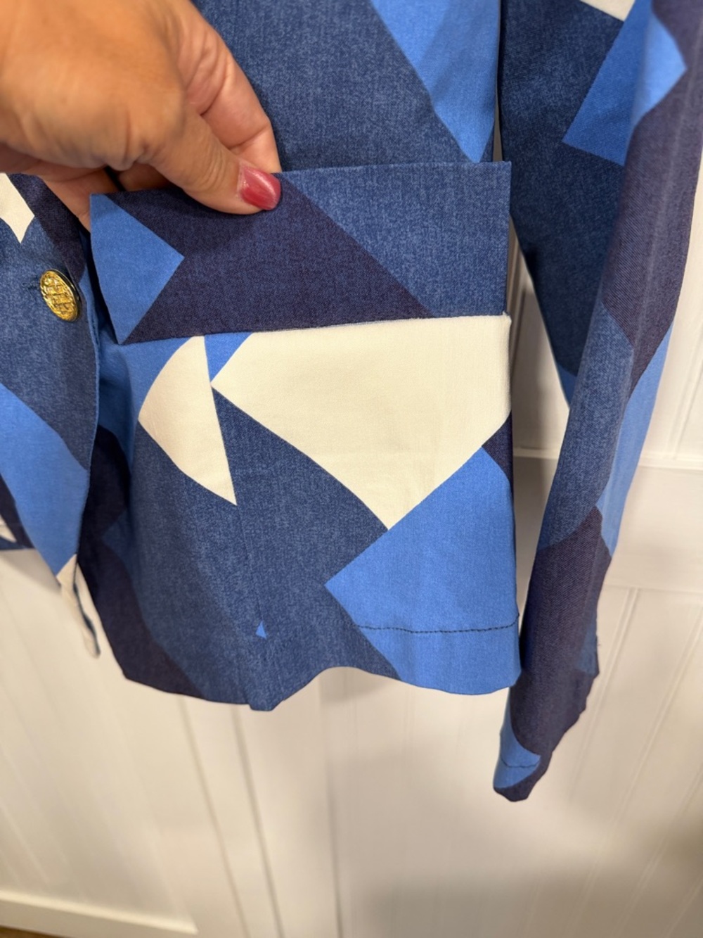like an angel Blue Geometric Double-Breasted Blazer with White Accents size 1X - Picture 4 of 10